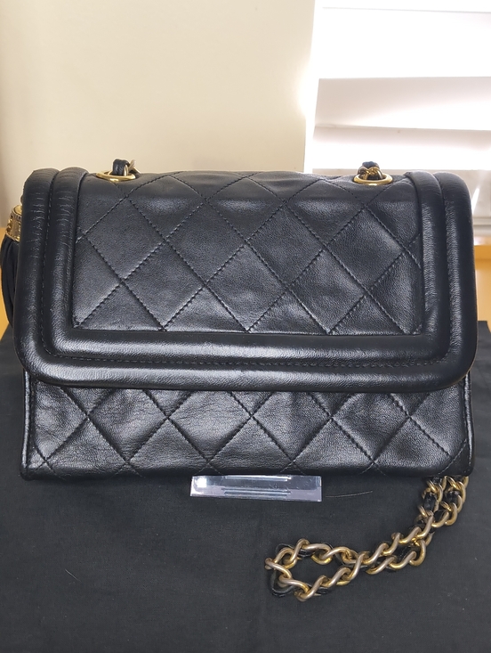 CHANEL Handbags - CHANEL Black Lambskin Quilted Flap Bag Tassel Chain W/ Sticker In Tact Vintage